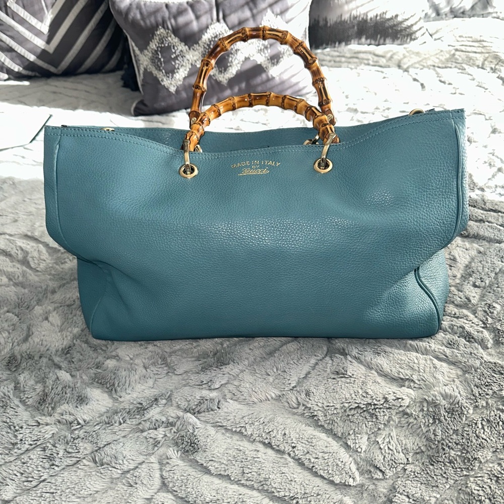 Blue Leather Handbag with Bamboo Handles